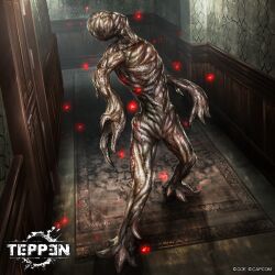 capcom carpet door hallway highres horror_(theme) jun_ishimaru mimicry_marcus monster monster_focus no_humans official_art progenitor_leech resident_evil resident_evil_0 teppen wooden_floor