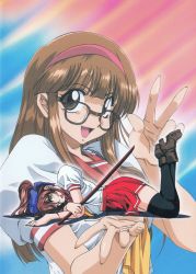 2girls absurdres black_legwear bokken boots bow brown_eyes brown_hair cover dvd_cover glasses hair_bow hairband high_heels highres inoue_sora long_hair mitsurugi_ryouko multiple_girls official_art ponytail real_bout_high_school scan school_uniform serafuku shoes sidelocks sword thigh_boots thighhighs v weapon wooden_sword yuuki_hitomi