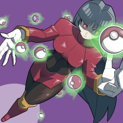 1girl absurdres black_bodysuit blue_hair blunt_bangs bob_(bobnakaoda) bodysuit bodysuit_under_clothes boots breasts crop_top dark_blue_hair gloves highres hime_cut jacket knee_boots long_hair long_sleeves master_ball medium_breasts nintendo pencil_skirt pink_eyes poke_ball poke_ball_(basic) pokemon pokemon_frlg red_jacket red_skirt sabrina_(pokemon) side_slit skirt solo telekinesis turtleneck turtleneck_jacket white_gloves