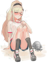 Rule 34 | 1girl, absurdres, animal, arm support, blonde hair, blush, borrowed character, bra strap, bra visible through clothes, breasts, breath, giant insect, green eyes, gym uniform, heavy breathing, highres, insect hair ornament, long hair, matangomu-chan, original, oversized animal, panties, pantyshot, pillbug, ponytail, see-through clothes, see-through shirt, shorts, sidelocks, simple background, small breasts, suisogenshi, sweat, sweaty clothes, underwear, wet, wet clothes, white background