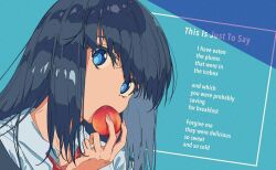 Rule 34 | 1girl, blue background, blue eyes, blue hair, collared shirt, commentary request, english text, food, fruit, hair between eyes, hand up, highres, holding, holding food, holding fruit, ligne claire, long hair, looking at viewer, original, plum, semham, shirt, solo, upper body, white shirt