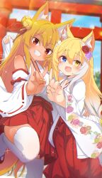 2girls :d animal_ear_fluff animal_ears bell blonde_hair blue_eyes blurry blurry_background blush borrowed_character breasts commission day detached_sleeves fang floral_print flower fox_ears fox_girl fox_shadow_puppet fox_tail grin hair_bell hair_between_eyes hair_flower hair_ornament hakama hakama_skirt heterochromia highres japanese_clothes jewelry jingle_bell kimono long_hair long_sleeves looking_at_viewer miko multicolored_hair multiple_girls nail_polish open_mouth original outdoors red_eyes red_hakama ribbon-trimmed_sleeves ribbon_trim rose sandals shiro9jira skeb_commission skin_fang skirt smile standing standing_on_one_leg tail thighhighs torii two-tone_hair very_long_hair white_hair white_kimono white_thighhighs wide_sleeves yellow_eyes yellow_nails zettai_ryouiki