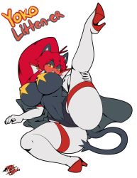 1girl ass boots breasts cape cleft_of_venus cosplay creatures_(company) crossover female_focus game_freak gen_7_pokemon gloves high_heel_boots high_heels high_ponytail highres huge_breasts litten long_hair mature_female nintendo pasties pokemon ponytail red_hair solo space_yoko space_yoko_(cosplay) star_(symbol) star_pasties tengen_toppa_gurren_lagann thecon thigh_boots thighhighs white_gloves yoko_littner yoko_littner_(cosplay)