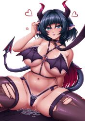 1girl bdsm bikini_tan black_hair blue_eyes breasts collar crotch gluteal_fold heart highres horns huge_breasts jane_doe_(zenless_zone_zero) leash legs_apart licking_lips long_hair looking_at_viewer navel partially_visible_vulva pussy_juice red_hair sevie skindentation slave solo spread_legs stomach tail tan tanline thick_thighs thighhighs thighs tongue tongue_out torn_clothes torn_thighhighs zenless_zone_zero