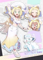 1girl absurdres alolan_form alolan_vulpix alternate_costume blonde_hair gen_7_pokemon green_eyes highres kuroto_mato lillie_(pokemon) nintendo pokemon pokemon_sm