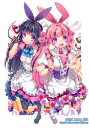 2girls animal_ears ascot bad_id bad_pixiv_id black_eyes black_hair blueberry blunt_bangs blush_stickers card chocolate clubs diamond_(shape) dice dress food fruit hair_ornament heart highres hime_cut locked_arms long_hair maid maid_headdress mary_janes multiple_girls original pantyhose petticoat pink_hair playing_card rabbit_ears raspberry shoes smile sougishi_ego spade thighhighs twintails v whipped_cream