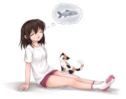 Rule 34 | 1girl, artist name, blush, breasts, brown hair, calico (pattern), cat, closed eyes, fish, full body, highres, kigidere, medium hair, open mouth, original, shirt, shoes, short sleeves, shorts, simple background, sitting, small breasts, socks, solo, speech bubble, t-shirt, thought bubble, white background, white shirt