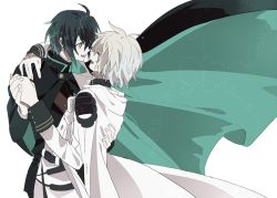 10s 2boys ahoge bad_id bad_pixiv_id black_hair blonde_hair camelot cloak closed_eyes gloves green_eyes holding_hands hyakuya_mikaela hyakuya_yuuichirou male_focus military military_uniform multiple_boys open_mouth owari_no_seraph short_hair smile white_gloves yaoi