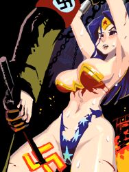 1boy 1girl alex_ahad armband arms_up blood blue_hair blush bra branding breasts chain cuts dc_comics fire injury large_breasts legs_apart lips long_hair looking_at_another navel nazi panties parted_lips swastika sweat tiara torn_clothes underwear wonder_woman wonder_woman_(series)