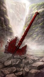 axe battle_axe commentary double-sided_axe fate/grand_order fate_(series) half-dead_blood_axe lasengle no_humans official_art outdoors planted planted_axe still_life third-party_source weapon weapon_focus