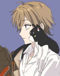 1boy animal animal_around_neck animal_on_shoulder blue_background brown_hair cat cat_on_shoulder collared_shirt from_side highres looking_ahead male_focus official_alternate_costume ohuman oliver_fog portrait profile reverse:1999 shirt short_hair solo white_shirt