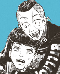 2boys :d aqua_background diamond_wa_kudakenai dollar_sign earrings facial_mark greyscale_with_colored_background halftone higashikata_josuke highres hug jewelry jojo_no_kimyou_na_bouken male_focus multiple_boys nijimura_okuyasu open_mouth pompadour smile surprise_hug sweatdrop t_0nd yaoi