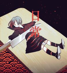1girl black_background black_dress black_footwear black_socks check_translation cutting_board dress flat_chest full_body grey_hair guro hair_over_one_eye highres implied_cannibalism kitchen_knife kneehighs long_sleeves looking_at_viewer mini_person minigirl miniskirt multicolored_hair necktie one_eye_covered orange_eyes original outstretched_arms oversized_object petals red_hair red_necktie seigaiha shoe_soles short_hair skirt sliced_meat socks solo spread_arms ssbaby streaked_hair torn_clothes torn_skirt torn_socks translation_request