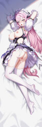 1girl absurdres anus apron arms_behind_head ass bar_censor black_dress blue_eyes breasts censored chinese_commentary clothing_cutout commentary_request cum cum_in_mouth cum_on_body cum_on_legs dakimakura_(medium) dress elysia_(honkai_impact) elysia_(miss_pink)_(honkai_impact) elysia_(miss_pink_elf)_(honkai_impact) fake_horns garter_straps highres honkai_(series) honkai_impact_3rd horns huiqian large_breasts long_hair lying maid maid_apron maid_headdress merchandise_available nipples no_panties no_shoes official_alternate_costume on_side open_mouth pink_hair puffy_short_sleeves puffy_sleeves pussy short_sleeves side_cutout soles solo thighhighs toes tongue tongue_out white_apron white_garter_straps white_thighhighs