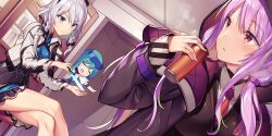 Rule 34 | 3girls, alternate costume, alternate hairstyle, alternate headwear color, armored skirt, black bow, black coat, black headdress, black jacket, blue dress, blue eyes, bow, braid, breasts, closed eyes, closed mouth, coat, collared shirt, crossed legs, dress, game cg, goggles, goggles on head, green hair, grey hair, grey jacket, hair bow, highres, holding, holding knife, hood, hood up, indoors, izayoi sakuya, izayoi sakuya (lunar war servant), jacket, kikuchi seiji, knife, kochiya sanae, kochiya sanae (lunar war oracle), long sleeves, maid headdress, multicolored jacket, multiple girls, necktie, official art, open clothes, open coat, open jacket, open mouth, purple hair, red eyes, red necktie, reisen udongein inaba, reisen udongein inaba (lunar war soldier), shirt, sitting, thighs, third-party source, touhou, touhou lostword, twin braids, two-tone jacket, white shirt