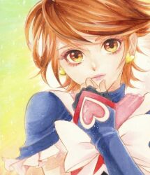 Rule 34 | 1girl, brown hair, closed mouth, commentary request, cure black, cureleche, earrings, eyelashes, fingerless gloves, futari wa precure, gloves, green background, highres, jewelry, looking at viewer, magical girl, misumi nagisa, precure, solo, swept bangs, turtleneck, upper body