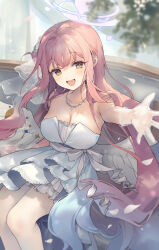 1girl bare_legs beckoning blue_archive blush breasts cleavage collarbone commentary dress falling_petals feathered_wings feet_out_of_frame gloves gradient_hair hair_bun halo highres jewelry large_breasts looking_at_viewer mika_(blue_archive) multicolored_hair necklace petals pink_hair see-through_clothes see-through_gloves shiidap single_side_bun sitting smile solo strapless strapless_dress symbol-only_commentary white_dress white_wings wings yellow_eyes