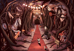 1girl bag bare_tree black_hair braid brown_eyes circus clown clown_nose forest hackto hat holding holding_bag holding_umbrella jack-in-the-box jester_cap nature original party_hat pleated_skirt pointing red_carpet sharp_teeth sign skirt string_of_flags string_of_light_bulbs teeth tree twin_braids umbrella winding_key wooden_horse