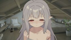 1boy 1girl :&lt; ahoge animated animated_gif bare_shoulders bed book bow brother_and_sister chair closed_eyes collarbone commentary_request cup cushion dress drooling eyelashes game_cg grabbing_another&#039;s_face grey_bow grey_dress grey_hair half-closed_eyes highres light_blush long_hair mug niliu_chahui open_mouth original plant pointy_ears potted_plant pov red_eyes rocking_chair siblings sidelocks sleepy solo_focus triangle_mouth upper_body wooden_ceiling wooden_floor