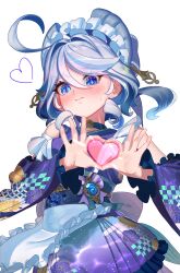 1girl 4-finger_heart_hands absurdres ahoge apron bell black_choker blue_eyes blue_gemstone blue_hair blue_kimono blue_pupils blue_sash blue_sleeves blush choker closed_mouth commentary_request cosplay detached_sleeves drop-shaped_pupils frilled_apron frilled_hairband frills furina_(genshin_impact) gem genshin_impact hair_between_eyes hairband heart heart_hands heterochromia highres hydro_symbol_(genshin_impact) japanese_clothes kimono looking_at_viewer multicolored_hair neck_bell nihongami obi punco_(kdfg2577) sash simple_background small_sweatdrop solo streaked_hair symbol-shaped_pupils vision_(genshin_impact) waist_apron white_apron white_background white_hair white_hairband yumemizuki_mizuki yumemizuki_mizuki_(cosplay)