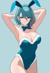 1girl absurdres animal_ears aqua_background aqua_hair aqua_leotard arms_behind_head blush bojack198 breasts cleavage collarbone commission cowboy_shot dead_or_alive detached_collar fake_animal_ears female_focus fur-trimmed_leotard fur_trim hair_between_eyes hairband highleg highleg_leotard highres leotard looking_at_viewer medium_breasts mole mole_under_eye multicolored_hair playboy_bunny rabbit_ears short_hair smile strapless strapless_leotard streaked_hair tamaki_(doa) wrist_cuffs