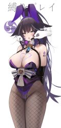1girl absurdres animal_ears arms_behind_back awaji azur_lane ball_gag barcode barcode_tattoo bare_shoulders bdsm black_hair bound bound_arms breasts character_name cleavage commentary disembodied_hand ear_tag english_commentary facial_mark fake_animal_ears fishnet_pantyhose fishnets floppy_ears fox_ears fox_girl gag gloves highres holding_gag large_breasts leotard long_hair looking_at_viewer magatama armbinder musashi_(azur_lane) musashi_(the_purple_rabbit&#039;s_marksmanship)_(azur_lane) official_alternate_costume pantyhose playboy_bunny purple_leotard purple_trim rabbit_ears restrained simple_background solo strapless strapless_leotard tattoo very_long_hair white_background white_gloves wiffle_gag yellow_eyes