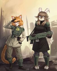 2girls ammunition_pouch animal_ears armor astra_militarum blush boots brown_hair cityscape d4ncwart explosive felinid gloves goat_girl goat_horns greaves grenade gun highres hooves horns lasgun long_hair looking_down military_uniform multiple_girls one_eye_closed orange_eyes pouch salute short_hair signature tongue tongue_out warhammer_40k weapon