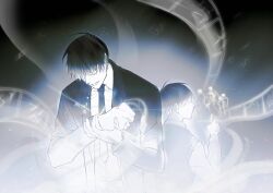 2boys black_coat black_hair black_necktie black_vest coat collared_shirt dual_persona film_reel glowing hand_on_own_wrist holding holding_phone hood hood_down kim_dokja multiple_boys necktie oldest_dream omniscient_reader&#039;s_viewpoint open_mouth people phone raya_(000_unseen) reaching shirt short_hair silhouette vest white_shirt