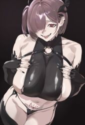Rule 34 | 1girl, absurdres, bare shoulders, black background, black gloves, black horns, black liquid, black nails, black panties, black shirt, black thighhighs, breast suppress, breasts, brown hair, cowboy shot, crop top, earclip, elbow gloves, fingerless gloves, fingernails, gloves, goddess of victory: nikke, groin, hair behind ear, hair between eyes, hair over one eye, halter shirt, halterneck, hands up, highres, horns, huge breasts, liquid clothes, looking at viewer, melting, micro panties, nail polish, navel, one eye covered, one side up, open mouth, panties, pubic tattoo, red eyes, saliva, shirt, short hair, sideboob, sideless shirt, simple background, single horn, sleeveless, sleeveless shirt, slit pupils, smile, solo, standing, stomach, taiyang yu, tattoo, thighhighs, underwear, ziz (nikke)