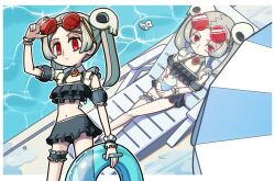 1girl adapted_costume adjusting_eyewear alternate_costume bloody_marie_(skullgirls) brooch chair cherry collarbone crossed_legs detached_collar food frilled_thigh_strap frills from_above from_below fruit grey_hair hair_ornament highres inflatable_armbands innertube jewelry kuroirozuki looking_at_viewer lounge_chair milkshake multiple_views navel parasol pool poolside rubber_duck sitting skirt skull_hair_ornament skullgirls solo sunglasses sunglasses_on_head swim_ring swimsuit thigh_strap twintails umbrella water wrist_cuffs
