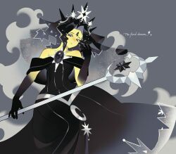Rule 34 | 1girl, bare shoulders, black dress, black eyes, black hair, black hands, black tiara, black veil, brooch, colored extremities, cookie run, cookie run: kingdom, curtained hair, dress, facial mark, forehead mark, gradient skin, grey background, half-closed eyes, highres, holding, holding staff, humanization, jewelry, long dress, long hair, looking at viewer, mage staff, moonlight cookie, moonlight cookie (the final dream), official alternate costume, official alternate eye color, official alternate hair color, official alternate hairstyle, parted lips, shime52631, simple background, solo, staff, tiara, veil, white hair