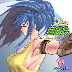 1girl arm_up blue_eyes blue_hair breasts curvy earrings female_focus george_gog gloves huge_breasts jewelry large_breasts leather leona_heidern long_hair military ponytail shirt sideboob tank_top the_king_of_fighters