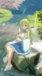 1girl :d bare_shoulders barefoot blue_eyes blue_skirt blush_stickers bow breasts bush collared_shirt day detached_sleeves dot_nose eirudi frilled_hair_tubes frilled_shirt frilled_skirt frilled_sleeves frills frog_hair_ornament gohei green_hair hair_bow hair_intakes hair_ornament hair_ribbon hair_tubes highres holding holding_gohei kochiya_sanae large_breasts long_hair long_sleeves looking_at_viewer open_mouth outdoors patterned_clothing print_skirt reflection reflective_water ribbon shirt single_hair_tube single_sidelock skirt skirt_set sleeveless sleeveless_shirt smile snake_hair_ornament soaking_feet solo touhou tree water wide_sleeves wing_collar