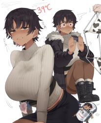 1girl ^^^ animal_print asahi_breweries beer_can bikini black_boots black_eyes black_hair black_jacket black_skirt blush bon_(vtuber) boots breasts brown_pantyhose can chibi clenched_teeth clothes_hanger commentary constricted_pupils cow_print cow_print_bikini dark-skinned_female dark_skin drink_can dripping_eye ear_piercing earrings english_commentary fish_skeleton_earrings full_body fur-trimmed_jacket fur_trim gurenola highres indie_virtual_youtuber jacket jewelry knees_to_chest large_breasts long_sleeves midriff_peek miniskirt multicolored_hair multiple_views open_clothes open_hands open_jacket pantyhose pencil_skirt piercing pink_hair print_bikini ribbed_sweater sharp_teeth short_hair simple_background single_earring sitting skirt socks solo_focus sound_effects streaked_hair sweater swimsuit teeth thighband_pantyhose turtleneck turtleneck_sweater two-tone_hair underbust v-shaped_eyebrows virtual_youtuber white_background white_socks white_sweater wide-eyed