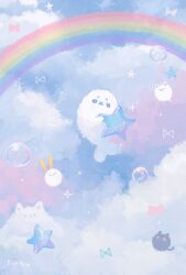 animal animal_focus bubble cat cloud commentary fluffy highres looking_at_viewer no_humans original penpen_(pencopeco) rainbow seal_(animal) sky star_(symbol) symbol-only_commentary yume_kawaii