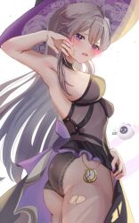 1girl armpits black_dress black_panties black_pantyhose blush breasts chuuna_(unagiunazy) commentary_request dress fingernails from_side grey_hair hair_between_eyes hand_up hat herta_(honkai:_star_rail) highres honkai:_star_rail honkai_(series) lace lace-trimmed_panties lace_trim large_breasts long_hair looking_at_viewer looking_down looking_to_the_side nail_polish open_mouth panties pantyhose purple_eyes purple_hat purple_nails solo strapless strapless_dress the_herta_(honkai:_star_rail) torn_clothes torn_pantyhose underwear very_long_hair