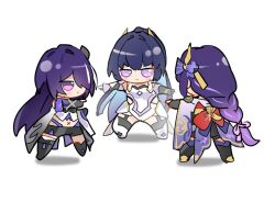 3girls acheron_(honkai:_star_rail) black_shorts black_thighhighs chibi dress genshin_impact grape_(grapedraws) hair_over_one_eye honkai:_star_rail honkai_(series) honkai_impact_3rd japanese_clothes kimono long_braid long_hair marvel meme midriff mihoyo multiple_girls navel pointing pointing_spider-man_(meme) purple_eyes purple_hair purple_kimono raiden_mei raiden_shogun sawashiro_miyuki short_shorts shorts simple_background spider-man_(series) thighhighs very_long_hair voice_actor_connection white_background white_dress