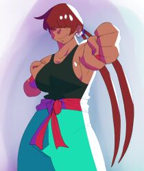 1girl 1shermieaday breasts curvy dark-skinned_female dark_skin earrings female_focus heart huge_breasts jewelry large_breasts long_hair ponytail red_hair shermie_(kof) shirt sideboob smile smiley_face standing tan tank_top the_king_of_fighters thick_thighs thighs twintails