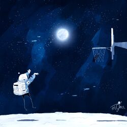 Rule 34 | 1other, absurdres, artist name, backpack, bag, ball, basketball, basketball (object), basketball hoop, blue jacket, commentary, fish, flying fish, gloves, helmet, highres, jacket, jumping, kazunoko (kazunoko zunoco), moon, original, other focus, outdoors, radio antenna, shadow, signature, solo, space, space helmet, star (sky), throwing, white gloves