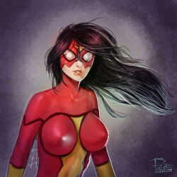 1girl bodysuit breasts collarbone commentary covered_erect_nipples elbow_gloves english_commentary eye_mask gloves gradient_background grey_background highres jessica_drew lipstick long_hair looking_at_viewer makeup marvel masked medium_breasts red_bodysuit red_lips solo spider-man_(series) spider-woman studio-pirrate superhero_costume tagme yellow_gloves