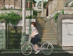 1girl absurdres bicycle bicycle_basket black_skirt brown_eyes brown_hair building day highres meanstreet original outdoors pleated_skirt riding riding_bicycle shirt skirt solo stairs urban utility_pole white_shirt