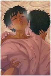 1boy 1boy1girls 1girl absurdres bad_tag berserk bite_mark black_hair blush casca_(berserk) closed_eyes commentary couple dark-skinned_female dark_skin english_commentary guts_(berserk) heavy_breathing hetero hickey highres interracial mahmapuu making_love missionary muscular muscular_back muscular_female muscular_male nude scar scar_on_back sex short_hair sweat
