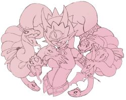 breasts crown digimon digimon_(creature) earrings fang highres jewelry mask medusamon open_mouth pointy_ears ribbon sharp_teeth shelly_starship sketch smile snake snake_hair teeth wings