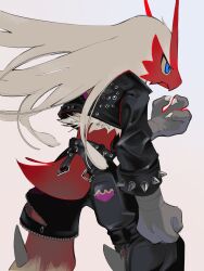 asymmetrical_clothes belt black_belt black_jacket black_pants blaziken blaziken_(punk) blue_eyes buckle claws clenched_hand colored_sclera creatures_(company) cropped_legs feathers game_freak gen_3_pokemon hand_up highres jacket kashiwa_gnu leather leather_jacket long_hair looking_to_the_side nintendo no_humans pants pokemon pokemon_(creature) pokemon_unite profile red_tail simple_background spiked_wristband studded_belt white_background white_feathers white_hair wristband yellow_sclera
