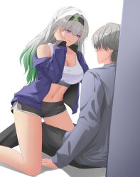 Rule 34 | 1boy, 1girl, absurdres, against wall, belly, black hairband, black shorts, breasts, caelus (honkai: star rail), cleavage, closed mouth, dolphin shorts, firefly (honkai: star rail), gradient eyes, gradient hair, green pupils, grey hair, hair between eyes, hair intakes, hairband, hetero, highres, honkai: star rail, honkai (series), large breasts, long hair, multicolored eyes, multicolored hair, navel, reyryner, shorts, simple background, smile, tank top, trailblazer (honkai: star rail), white background, white tank top