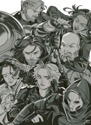 3girls 4boys arm_around_neck artist_name bald beard bodysuit bucky_barnes closed_eyes closed_mouth commentary dagger dark-skinned_female dark_skin english_commentary facial_hair father_and_daughter fingerless_gloves fingernails floating_hair gauntlets ghost_(marvel) gloves greyscale gun hand_on_own_head hand_up handgun highres holding holding_dagger holding_gun holding_knife holding_shield holding_weapon hood john_walker_(marvel) knife lips long_hair long_sleeves looking_at_viewer marvel marvel_cinematic_universe mask monochrome motteteto multiple_boys multiple_girls prosthesis prosthetic_arm red_guardian_(marvel) sentry_(marvel) shield shirt short_hair simple_background smile striped_bodysuit superhero_costume taskmaster teeth thunderbolts_(movie) upper_body v-shaped_eyebrows wavy_hair weapon winter_soldier yelena_belova