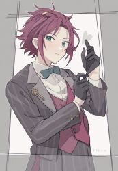1boy absurdres adjusting_clothes adjusting_gloves alternate_costume bangs_pinned_back black_gloves border bow bowtie closed_mouth dated ensemble_stars! gloves green_eyes grey_border grey_bow grey_bowtie grey_jacket heart highres isara_mao jacket long_sleeves looking_at_viewer male_focus pants pinstripe_jacket pinstripe_pants pinstripe_pattern red_hair red_vest reijiro short_hair solo vest waistcoat