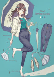 Rule 34 | 1girl, aqua background, aqua shirt, bag, blue pants, brown hair, earrings, english text, fashion, full body, high heels, highres, jacket, jewelry, long hair, one eye closed, open mouth, original, pants, shirt, shoes, shoulder bag, simple background, solo, standing, standing on one leg, sun (sunsun28), triangle earrings, umbrella, unworn pants, unworn shoes, water drop, white bag, white jacket, white shoes