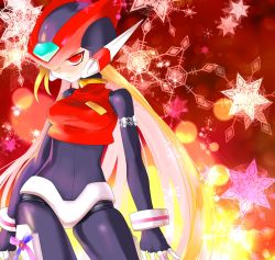 1girl android bliss_zero_(mega_man) blonde_hair bodysuit capcom full_body genderswap genderswap_(mtf) helmet highres long_hair mega_man_(series) mega_man_zero_(series) midnight_bliss red_eyes yuriyuri_(ccc) zero(z)_(mega_man) zero_(mega_man)