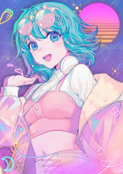 1girl absurdres ahoge aqua_eyes aqua_hair arm_at_side blue_background bow breasts buttons collared_shirt cross-laced_clothes cross-laced_shorts digital_stars_gumi digital_stars_gumi_(2021) eyewear_on_head glasses gradient_background gumi hair_ornament hairclip halftone hand_up headphones headphones_around_neck highres jacket jacket_partially_removed long_sleeves looking_at_viewer medium_hair midriff navel open_clothes open_jacket open_mouth pink_bow pink_jacket purple_background round_eyewear shirt shorts small_breasts smile solo star-shaped_pupils star_(symbol) star_hair_ornament sunoom09 symbol-shaped_pupils teeth upper_body upper_teeth_only vaporwave vocaloid white_shirt white_shorts